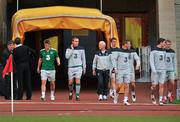 5 September 2011; Republic of Ireland manager Giovanni Trapattoni with players, left to right, Kevin Doyle, Richard Dunne, Kevin Foley, James McCarthy, Stephen Ward and Aiden McGeady, make their way onto the pitch for squad training ahead of their EURO 2012 Championship Qualifier against Russia on Tuesday. Republic of Ireland Squad Training, Luzhniki Stadium, Moscow, Russia. Picture credit: David Maher / SPORTSFILE