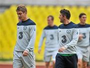 5 September 2011; Republic of Ireland captain Robbie Keane in conversation with team-mate Kevin Doyle during squad training ahead of their EURO 2012 Championship Qualifier against Russia on Tuesday. Republic of Ireland Squad Training, Luzhniki Stadium, Moscow, Russia. Picture credit: David Maher / SPORTSFILE