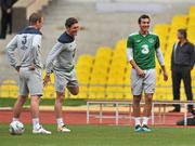 5 September 2011; Republic of Ireland's Stephen Kelly, right, with Keith Andrews, centre, and Glenn Whelan during squad training ahead of their EURO 2012 Championship Qualifier against Russia on Tuesday. Republic of Ireland Squad Training, Luzhniki Stadium, Moscow, Russia. Picture credit: David Maher / SPORTSFILE