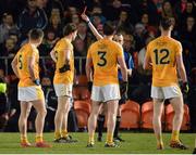 25 March 2017; Referee Niall Cullen issues Stephen Beatty of Antrim, second from left, with a red card late in the game during the Allianz Football League Division 3 Round 6 game between Armagh and Antrim at Athletic Grounds in Armagh. Photo by Oliver McVeigh/Sportsfile