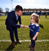 25 March 2017; Leinster matchday mascot Emily McCabe with Leinster's Bryan Byrne ahead of the Guinness PRO12 Round 18 game between Leinster and Cardiff Blues at RDS Arena in Ballsbridge, Dublin. Photo by Stephen McCarthy/Sportsfile