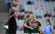 25 March 2017; Fiona Doherty of Mayo is shown a red card by referee Stephen McNulty during the Lidl Ladies Football National League Round 6 match between Dublin and Mayo at Croke Park, in Dublin. Photo by Brendan Moran/Sportsfile