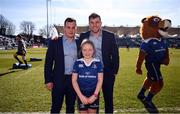 25 March 2017; Leinster matchday mascot Anna Cleary with Leinster's Bryan Byrne and Jordi Murphy ahead of the Guinness PRO12 Round 18 game between Leinster and Cardiff Blues at RDS Arena in Ballsbridge, Dublin. Photo by Stephen McCarthy/Sportsfile
