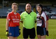 26 March 2017; Referee Colm McManus with captains Ann Shannon of Holy Faith, Clontarf, left, and Roisín Daly of Presentation, Thurles, right, prior to the Lidl All Ireland PPS Senior C Championship Final match between Presentation S.S and Holy Faith S.S at O'Moore Park in Portlaoise. Photo by Seb Daly/Sportsfile