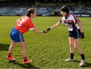 26 March 2017; Captains Ann Shannon of Holy Faith, Clontarf, left, and Roisín Daly of Presentation, Thurles, right, shake hands prior to the Lidl All Ireland PPS Senior C Championship Final match between Presentation S.S and Holy Faith S.S at O'Moore Park in Portlaoise. Photo by Seb Daly/Sportsfile