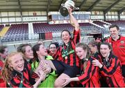 26 March 2017; Captain of Cregmore Claregalway Challene Trill, is lifted by her teammates at the end of the FAI Women's U14 Cup Final match between Cregmore Claregalway and Kilmore Celtic at Eamon Deacy Park in Galway. Photo by David Maher/Sportsfile