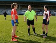 26 March 2017; Referee Colm McManus with captains Ann Shannon of Holy Faith, Clontarf, left, and Roisín Daly of Presentation, Thurles, right, prior to the Lidl All Ireland PPS Senior C Championship Final match between Presentation S.S and Holy Faith S.S at O'Moore Park in Portlaoise. Photo by Seb Daly/Sportsfile