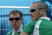 11 August 2004; The Irish Men's Road Race team of Mark Scanlon, left, and Ciaran Power before the start of an open training session on the road race course in Athens City Centre. Games of the XXVII Olympiad, Athens Summer Olympics Games 2004, Athens, Greece. Picture credit; Brendan Moran / SPORTSFILE