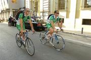 11 August 2004; Ireland cyclists Ciaran Power, left, and Mark Scanlon after an open training session on the road race course in Athens City Centre. Games of the XXVII Olympiad, Athens Summer Olympics Games 2004, Athens, Greece. Picture credit; Brendan Moran / SPORTSFILE