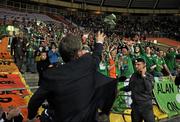 6 September 2011; FAI Chief Executive John Delaney, throws his tie into the Republic of Ireland supporters at the end of the game. EURO 2012 Championship Qualifier, Russia v Republic of Ireland, Luzhniki Stadium, Moscow, Russia. Picture credit: David Maher / SPORTSFILE