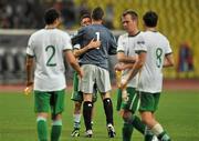 6 September 2011; Republic of Ireland captain Robbie Keane congratulates team-mate Shay Given at the end of the game. EURO 2012 Championship Qualifier, Russia v Republic of Ireland, Luzhniki Stadium, Moscow, Russia. Picture credit: David Maher / SPORTSFILE