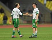 6 September 2011; Republic of Ireland captain Robbie Keane and Aiden McGeady at the end of the game. EURO 2012 Championship Qualifier, Russia v Republic of Ireland, Luzhniki Stadium, Moscow, Russia. Picture credit: David Maher / SPORTSFILE