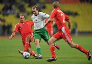 6 September 2011; Aiden McGeady, Republic of Ireland, in action against Roman Shirokov, left, and Aleksandr Anyukov, Russia. EURO 2012 Championship Qualifier, Russia v Republic of Ireland, Luzhniki Stadium, Moscow, Russia. Picture credit: David Maher / SPORTSFILE