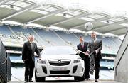 7 September 2011; At the launch of the GAA, GPA All-Stars 2011, sponsored by Opel are, from left, Uachtarán Chumann Lúthchleas Gael Criostóir Ó Cuana, Dessie Farrell, Chief Executive of the GPA, and Dave Sheeran, Managing Director of Opel Ireland. The GAA and GPA announced that their respective annual player awards schemes are to merge under the sponsorship of Opel which will see the achievements of the outstanding players recognised jointly for the first time. Official Media Launch of the GAA, GPA All-Stars 2011, sponsored by Opel, Croke Park, Dublin. Picture credit: Brian Lawless / SPORTSFILE