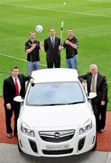 7 September 2011; At the launch of the GAA, GPA All-Stars 2011, sponsored by Opel are, from left, Dessie Farrell, Chief Executive of the GPA, Kerry footballer Tomas Ó Se, Dave Sheeran, Managing Director of Opel Ireland, Kilkenny hurler Eddie Brennan, and Uachtarán Chumann Lúthchleas Gael Criostóir Ó Cuana. The GAA and GPA announced that their respective annual player awards schemes are to merge under the sponsorship of Opel which will see the achievements of the outstanding players recognised jointly for the first time. Official Media Launch of the GAA, GPA All-Stars 2011, sponsored by Opel, Croke Park, Dublin. Picture credit: Brian Lawless / SPORTSFILE