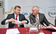 7 September 2011; At the launch of the GAA, GPA All-Stars 2011, sponsored by Opel are Dessie Farrell, Chief Executive of the GPA, left, and Uachtarán Chumann Lúthchleas Gael Criostóir Ó Cuana. The GAA and GPA announced that their respective annual player awards schemes are to merge under the sponsorship of Opel which will see the achievements of the outstanding players recognised jointly for the first time. Official Media Launch of the GAA, GPA All-Stars 2011, sponsored by Opel, Croke Park, Dublin. Picture credit: Brian Lawless / SPORTSFILE