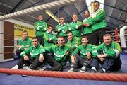 7 September 2011; Ireland Coaches Billy Walsh, back row third from left and Zuar Antia, back row third from right, with members of the Irish Amateur Boxing squad, back row, left to right, Con Sheehan, Kenneth Egan and Darren O'Neill, middle row, left to right, Roy Sheehan, Joe Ward and John Joe Nevin, front row, left to right, David Oliver Joyce, Ray Moylette, Michael Conlon and Paddy Barnes, pictured after a press conference ahead of the AIBA World Men's Championships and Olympic qualifiers in Baku, Azerbaijan, which take place from September 22nd until October 10th. Irish Amateur Boxing Association Press Conference, National Stadium, Dublin. Picture credit: David Maher / SPORTSFILE