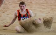 26 March 2017; David Ryan of Moycarkey Coolcroo AC, Co. Tipperary, on his way to winning the U18 Men's Long Jump event during the Irish Life Health Juvenile Indoor Championships 2017 day 2 at the AIT International Arena in Athlone, Co. Westmeath. Photo by Sam Barnes/Sportsfile