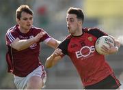 26 March 2017; Ryan Johnston of Down in action against Liam Silke of Galway during the Allianz Football League Division 2 Round 6 match between Down and Galway at Páirc Esler in Newry. Photo by David Fitzgerald/Sportsfile