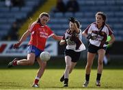 26 March 2017; Sarah Fagan of Holy Faith, Clontarf in action against Jenny Irwin, centre, and Roisín Daly of Presentation, Thurles during the Lidl All Ireland PPS Senior C Championship Final match between Presentation S.S and Holy Faith S.S at O'Moore Park in Portlaoise. Photo by Seb Daly/Sportsfile