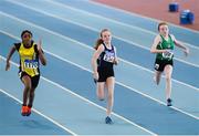 26 March 2017; Athletes, from left, Nadia Udo-Obong of South Sligo AC, Co Sligo, Hannah Falvey of Belgooly AC, Co Cork, and Isabela Gogan of Cushinstown AC, Co Meath, competing in their U12 Women's 60m Heat during the Irish Life Health Juvenile Indoor Championships 2017 day 2 at the AIT International Arena in Athlone, Co. Westmeath. Photo by Sam Barnes/Sportsfile