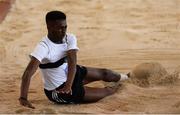 26 March 2017;  Kolade Abiodun of Donore Harriers, Co Dublin, competing in the U18 Men's Long Jump during the Irish Life Health Juvenile Indoor Championships 2017 day 2 at the AIT International Arena in Athlone, Co. Westmeath. Photo by Sam Barnes/Sportsfile