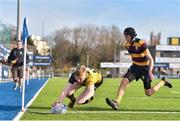 26 March 2017; Ruairi Dunbar of Carlow scores a try during the Leinster Under 18 Youth Premier League Final between Carlow and Skerries at Donnybrook Stadium in Dublin. Photo by Ramsey Cardy/Sportsfile