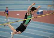 26 March 2017; Shane Martin of Ballymena and Antrim AC, Co Antrim, celebrates winning the U19 Men's Pole Vault event during the Irish Life Health Juvenile Indoor Championships 2017 day 2 at the AIT International Arena in Athlone, Co. Westmeath. Photo by Sam Barnes/Sportsfile