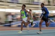 26 March 2017; Nkemjika Onwumereh of Metro/ St Brigid's AC, Co Dublin, on his way to winning his U14 Men's 60m Heat, ahead of Glory Wenegieme of Belgooly AC, Co Cork, who finished second, during the Irish Life Health Juvenile Indoor Championships 2017 day 2 at the AIT International Arena in Athlone, Co. Westmeath. Photo by Sam Barnes/Sportsfile