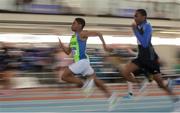26 March 2017; Nkemjika Onwumereh of Metro/ St Brigid's AC, Co Dublin, on his way to winning his U14 Men's 60m Heat, ahead of Glory Wenegieme of Belgooly AC, Co Cork, who finished second, during the Irish Life Health Juvenile Indoor Championships 2017 day 2 at the AIT International Arena in Athlone, Co. Westmeath. Photo by Sam Barnes/Sportsfile