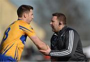 26 March 2017; Kildare manager Cian O'Neill shakes hands with Gary Brennan of Clare after the Allianz Football League Division 2 Round 6 match between Kildare and Clare at St Conleth's Park in Newbridge. Photo by Daire Brennan/Sportsfile