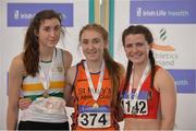 26 March 2017; U17 Women's Long Jump medallists, from left, Ruby Millet of St Abbans AC, Laois, bronze, Sophie Meredith of St Mary's AC, Co Limerick, gold, and Anna McCauley of City of Lisburn AC, Co Antrim, silver, during the Irish Life Health Juvenile Indoor Championships 2017 day 2 at the AIT International Arena in Athlone, Co. Westmeath. Photo by Sam Barnes/Sportsfile