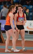 26 March 2017; U17 Women's Long Jump medallists Sophie Meredith of St Mary's AC, Co Limerick, left, and Anna McCauley of City of Lisburn AC, following their final jumps during the Irish Life Health Juvenile Indoor Championships 2017 day 2 at the AIT International Arena in Athlone, Co. Westmeath. Photo by Sam Barnes/Sportsfile