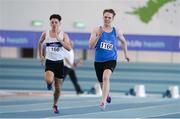 26 March 2017; Conor Crowe, unattached, competing in his U17 Men's 60m Heat, ahead of Ben Iveagh of Donore Harriers AC, Co Dublin, during the Irish Life Health Juvenile Indoor Championships 2017 day 2 at the AIT International Arena in Athlone, Co. Westmeath. Photo by Sam Barnes/Sportsfile