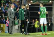 26 March 2017; Northern Ireland Manager Michael O'Neill speaks to Craig Cathcart of Northern Ireland during the FIFA World Cup Qualifer Group C match between Northern Ireland and Norway at Windsor Park in Belfast. Photo by Oliver McVeigh/Sportsfile