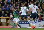 26 March 2017; Conor McLaughlin of Northern Ireland in action against Jørgen Skjelvik of Norway during the FIFA World Cup Qualifer Group C match between Northern Ireland and Norway at Windsor Park in Belfast. Photo by Oliver McVeigh/Sportsfile