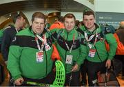 25 March 2017; Team Ireland's James Upton, left, a member of Waterford Special Olympics Club, from Passage East, County Waterford, George Fitzgerald, a member of Waterford Special Olympics Club, from John’s Hill, County Waterford, and William McGrath, a member of Waterford Special Olympics Club, from Kilmacthomas, Co. Waterford, as the Team Ireland returned from the 2017 Special Olympics World Winter Games in Graz, Austria, at Dublin Airport in Dublin. Photo by Ray McManus/Sportsfile