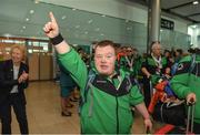 25 March 2017; Team Ireland's Lee Ryan Byrne, a member of Sports Club 15 Special Olympics Club, from Donaghmede, Dublin, as the Team Ireland returned from the 2017 Special Olympics World Winter Games in Graz, Austria, at Dublin Airport in Dublin. Photo by Ray McManus/Sportsfile