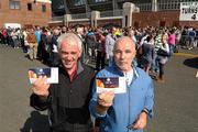 10 September 2011; Supporters Alan McLoughlin, left, and Shay O'Loughlin, from Tallaght, Co. Dublin, with their tickets, after spending two and a hallf hours in a queue, outside the offices of Shamrock Rovers FC in an effort to to purchase tickets for the UEFA Europa League games. Tallaght Stadium, Tallaght, Co. Dublin.  Picture credit: Ray McManus / SPORTSFILE