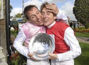 10 September 2011; Jockeys Eddie Ahern, left, and Johnny Murtagh celebrate after finishing in a dead heat in the Irish Field St. Leger. The Curragh Racecourse, The Curragh, Co. Kildare. Photo by Sportsfile