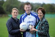 10 September 2011; Monaghan GAA star Shane Duffy wrote his name into the history books this weekend when he claimed the 2011 MBNA Kick Fada title. A member of the Magheracloone GAA Club, Co. Monaghan, he receives his winners medal from Suzanne Holmes, left, Communications Director with MBNA and Frances Stephenson, from Bray Emmets GAA Club, after the Mens MBNA Kick Fada Finals 2011, Bray Emmets GAA Club, Co. Wicklow. Picture credit: Matt Browne / SPORTSFILE