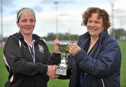 10 September 2011; Chairperson of Leinster Womens Rugby Mary Quinn, right, presents the group 1 trophy to Róisín O'Donnell, Old Belvedere RFC. Leinster Womens Rugby Season Opener Blitz, Ashbourne RFC, Ashbourne, Co. Meath. Picture credit: Barry Cregg / SPORTSFILE