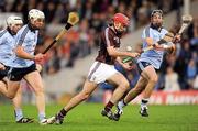 10 September 2011; James Regan bursts past Dublin defenders Liam Rushe, left, and Bill O'Carroll on his way to scoring the third Galway goal. Bord Gais Energy GAA Hurling Under 21 All-Ireland 'A' Championship Final, Galway v Dublin, Semple Stadium, Thurles, Co. Tipperary. Picture credit: Ray McManus / SPORTSFILE