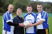 10 September 2011; Suzanne Holmes, Communications Director with MBNA, with Monaghan GAA star Shane Duffy, centre, who wrote his name into the history books this weekend when he claimed the 2011 MBNA Kick Fada title. A member of the Magheracloone GAA Club, Co. Monaghan, with second place Paul Hearty, right, from Crossmaglen Rangers, Co. Armagh, and third place winner Paul Flood, from Maynooth GAA Club, Co. Kildare, after the Mens MBNA Kick Fada Finals 2011. Bray Emmets GAA Club, Co. Wicklow. Picture credit: Matt Browne / SPORTSFILE