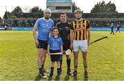 26 March 2017; Dublin mascot Jamie Knott, from St Mark's National School, Tallaght, with team captains Liam Rishe of Dublin and Paddy Deegan of Kilkenny and referee Paud O'Dwyer before the Allianz Hurling League Division 1A Round 5 match between Dublin and Kilkenny at Parnell Park in Dublin. Photo by Brendan Moran/Sportsfile