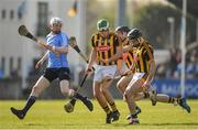 26 March 2017; Fiontán McGibb of Dublin contests possession with Kilkenny players, from left, Paddy Deegan, Jason Cleere and Conor Fogarty during the Allianz Hurling League Division 1A Round 5 match between Dublin and Kilkenny at Parnell Park in Dublin. Photo by Brendan Moran/Sportsfile