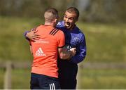 27 March 2017; Andrew Conway, left, and Simon Zebo of Munster make their way out for squad training at the University of Limerick in Limerick. Photo by Diarmuid Greene/Sportsfile
