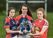 28 March 2017; In attendance during the Lidl Post Primary Schools Junior Finals Media Day are Ciara Healy, left, along with Roisin Leen, centre, both from Mercy Ballymahon of Longford, and Emma Flynn from St. Angela's of Waterford at Clonlife College, in Dublin. The Lidl All Ireland Post Primary School’s Finals take place this weekend. The Lidl Junior A Final takes place in Birr on Friday at 1:00pm when John the Baptist from Limerick face Loreto of Cavan. The Lidl Junior B sees St. Angela’s of Waterford meet Mercy Ballymahon of Longford, in Clane at 3pm on Sunday and the C Final will take place on Friday when St. Columba’s Glenties of Donegal play Coláiste Baile Chláir of Galway. Photo by Eóin Noonan/Sportsfile