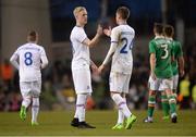 28 March 2017; Hordur Bjorgvin Magnusson, left, of Iceland is congratulated by his team-mate Kjartan Henry Finnbogason after scoring his side's first goal during the International Friendly match between the Republic of Ireland and Iceland at the Aviva Stadium in Dublin. Photo by Cody Glenn/Sportsfile
