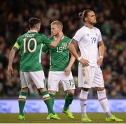 28 March 2017; Daryl Horgan, centre, of Republic of Ireland with team-mate Robbie Brady after coming on as a second half substitute during the International Friendly match between the Republic of Ireland and Iceland at the Aviva Stadium in Dublin. Photo by Cody Glenn/Sportsfile